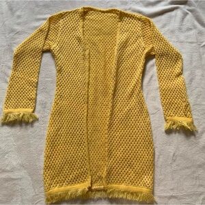 Yellow Knitted Long Open Front Cardigan Sweater w Fringe